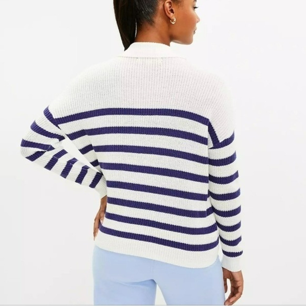 Ann Taylor Loft NEW Striped Lace Up Polo Sweater Navy White Nautical SZ Large - Picture 3 of 11